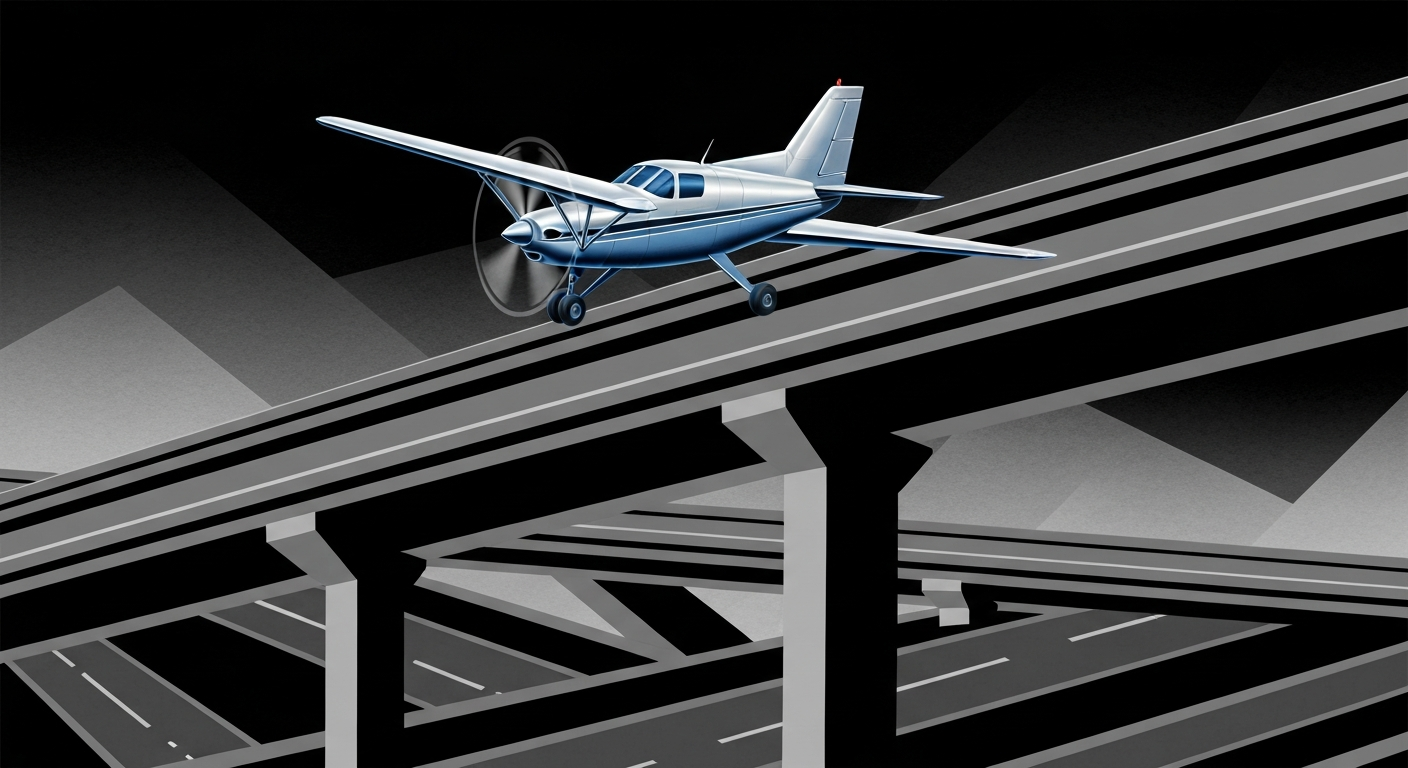 A bold, Art Deco-inspired illustration depicting a small plane in mid-landing on a sweeping, geometric highway overpass, capturing the tense and dramatic nature of the emergency situation.