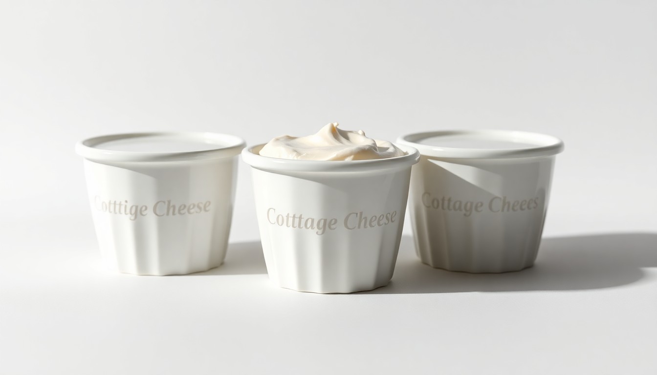 A high-end, photorealistic studio still-life photograph featuring a simple arrangement of premium, polished white ceramic cottage cheese containers on a clean, monochromatic background. The containers are lit dramatically with sharp shadows, conceptually representing the refined, elevated status of cottage cheese as a modern, nutritious dairy product.