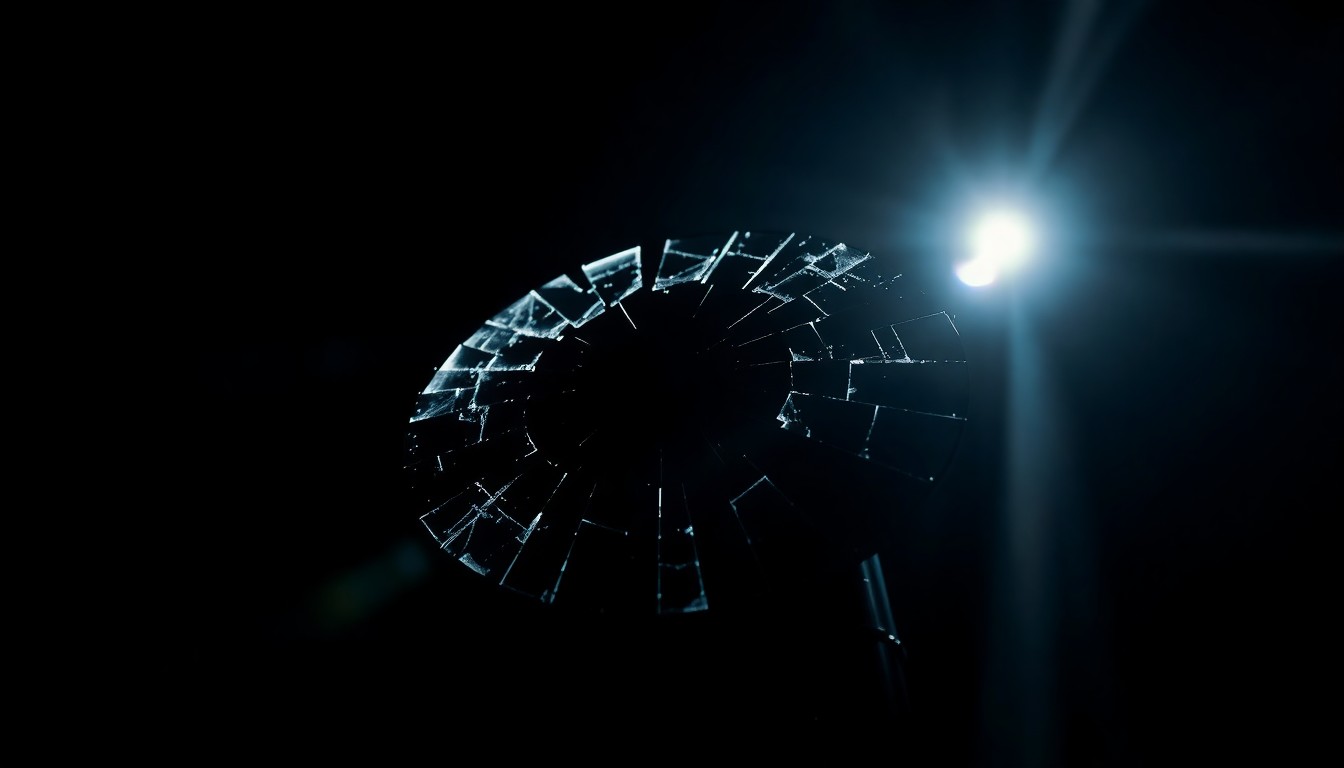 An extreme close-up photograph of a shattered motorcycle mirror, the glass fractured and reflecting a harsh, direct flash of light against a pitch-black background, conceptually illustrating the violence and tragedy of a fatal road rage crash.