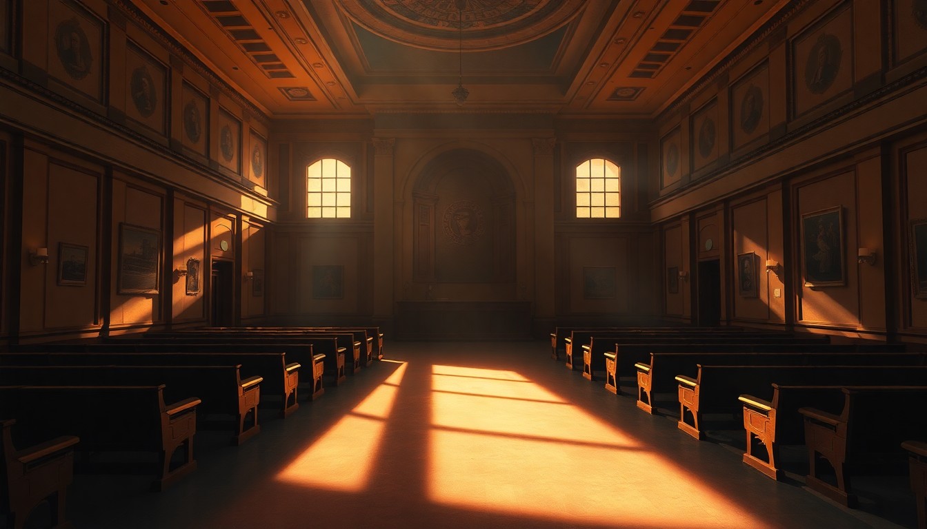 A dimly lit, cinematic painting of an empty city council chamber, with sunlight streaming in through the windows and long shadows cast across the room, capturing a sense of quiet contemplation and civic responsibility.