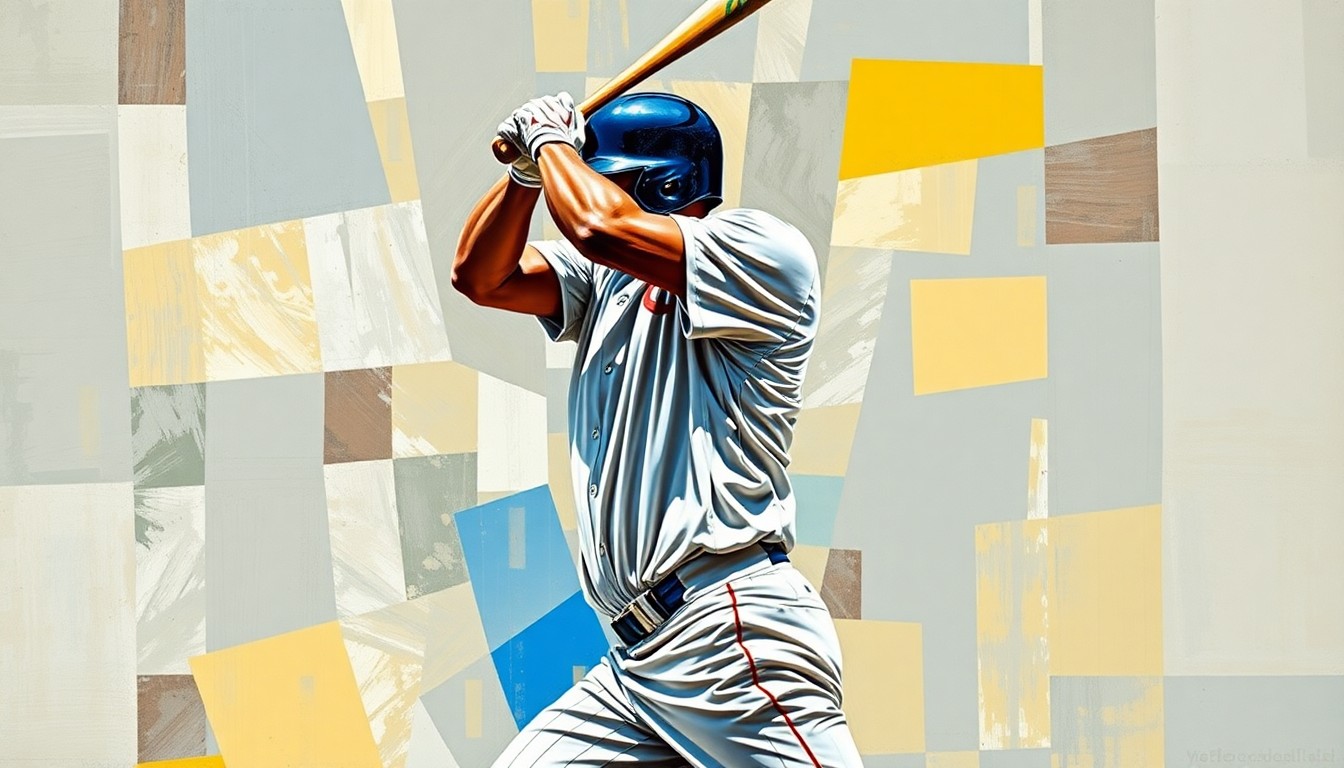 A fragmented, cubist-style painting depicting the geometric shapes and planes of a baseball player's batting motion, with the player's face and uniform obscured, conveying the raw energy and tension of a struggling star athlete.