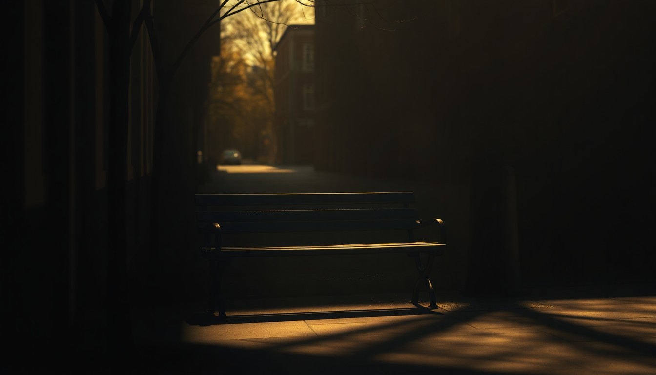 A solitary park bench in a quiet, shadowy urban setting, bathed in warm, diagonal sunlight, representing the isolation and vulnerability of homelessness.
