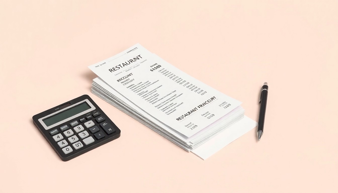 A minimalist studio still life photograph featuring a stack of restaurant receipts, a calculator, and a pen arranged on a clean, monochromatic background, symbolizing the importance of financial oversight and data reconciliation for restaurant owners.