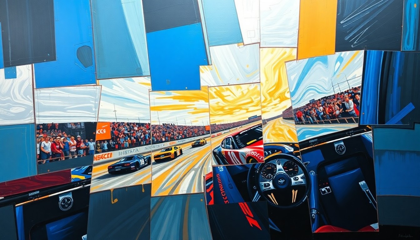 A fragmented, geometric painting depicting a NASCAR race scene, with sharp planes of color and overlapping shapes that deconstruct the action into an abstract, conceptual representation.