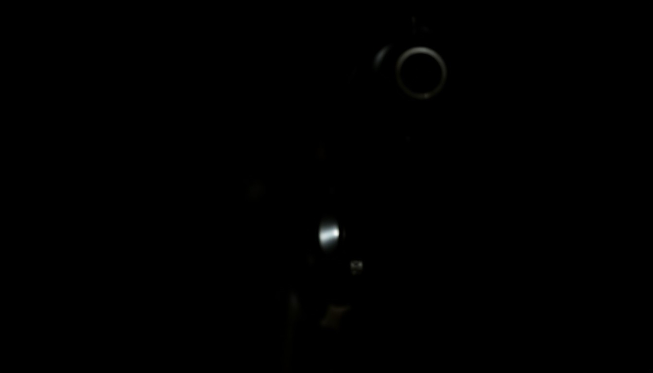 An extreme close-up photograph of a handgun trigger and grip against a pitch-black background, lit by a harsh, direct camera flash, conceptually illustrating the dangerous nature of the armed robbery suspect.