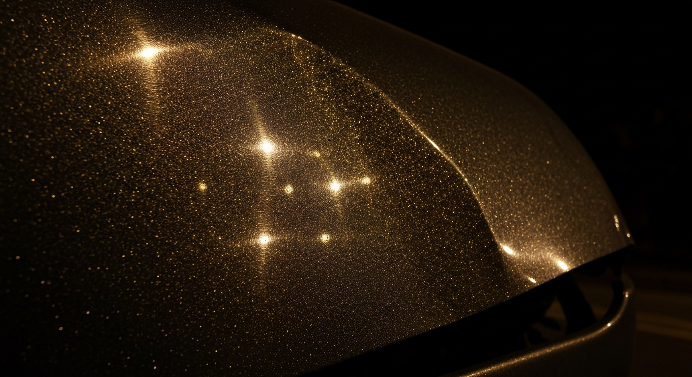 An extreme close-up of a crumpled, pebbled metal car part reflecting a faint glow of streetlights, conveying the aftermath of a late-night collision.