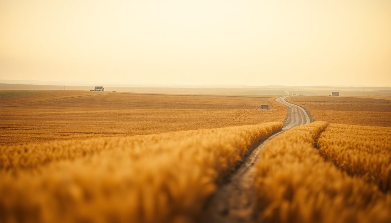 A serene, out-of-focus rural landscape in muted tones of gold, green, and blue, conveying a sense of timelessness and the enduring spirit of a small town community.