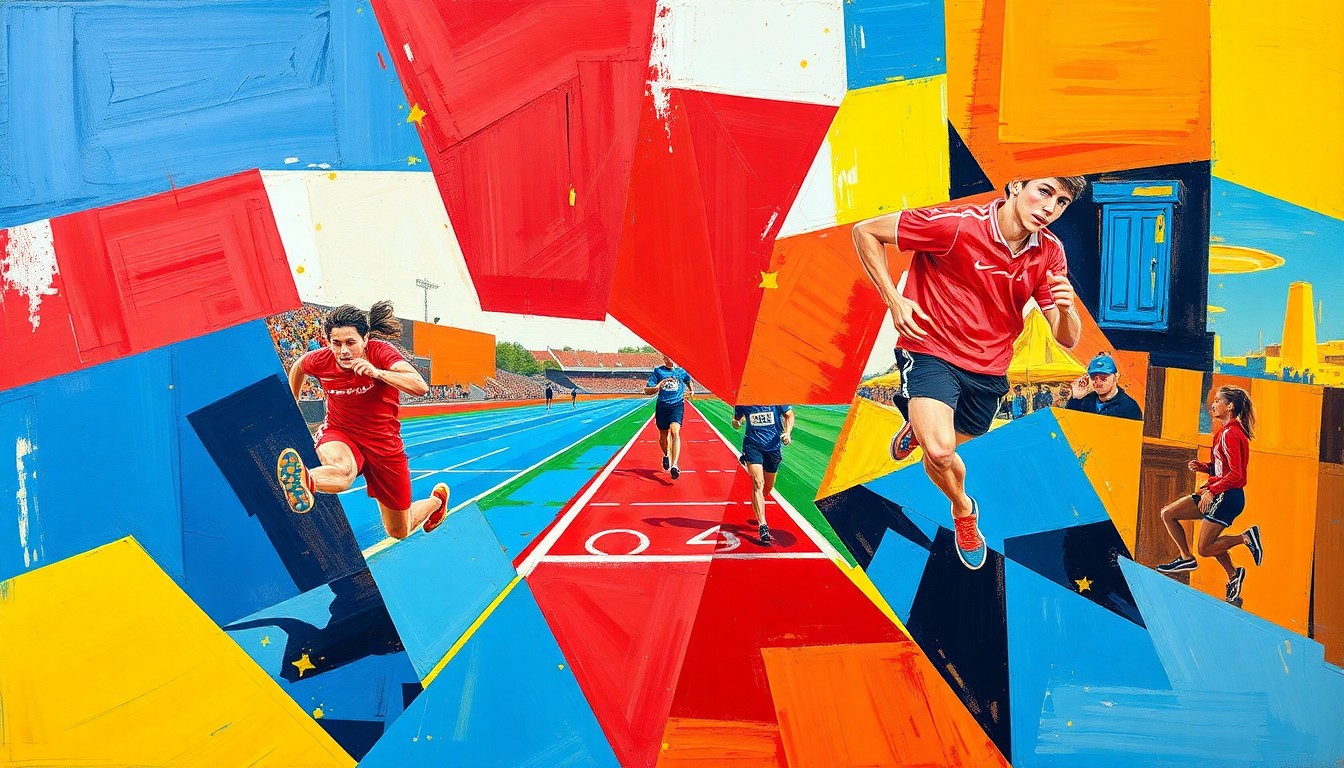 A fractured, multi-perspective painting depicting a high school track and field competition, with sharp, overlapping geometric planes in vibrant colors of red, blue, and yellow, capturing the energy and movement of the athletes.