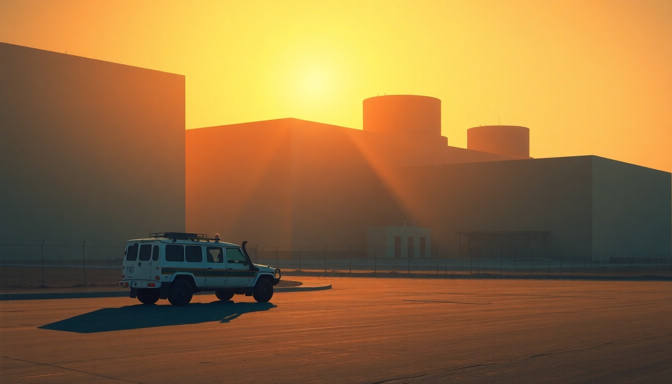 A photorealistic painting of the exterior of the Bushehr nuclear power plant, with the facility's distinctive domed reactor building and cooling towers set against a backdrop of warm, golden sunlight and deep shadows, conveying a sense of quiet foreboding.