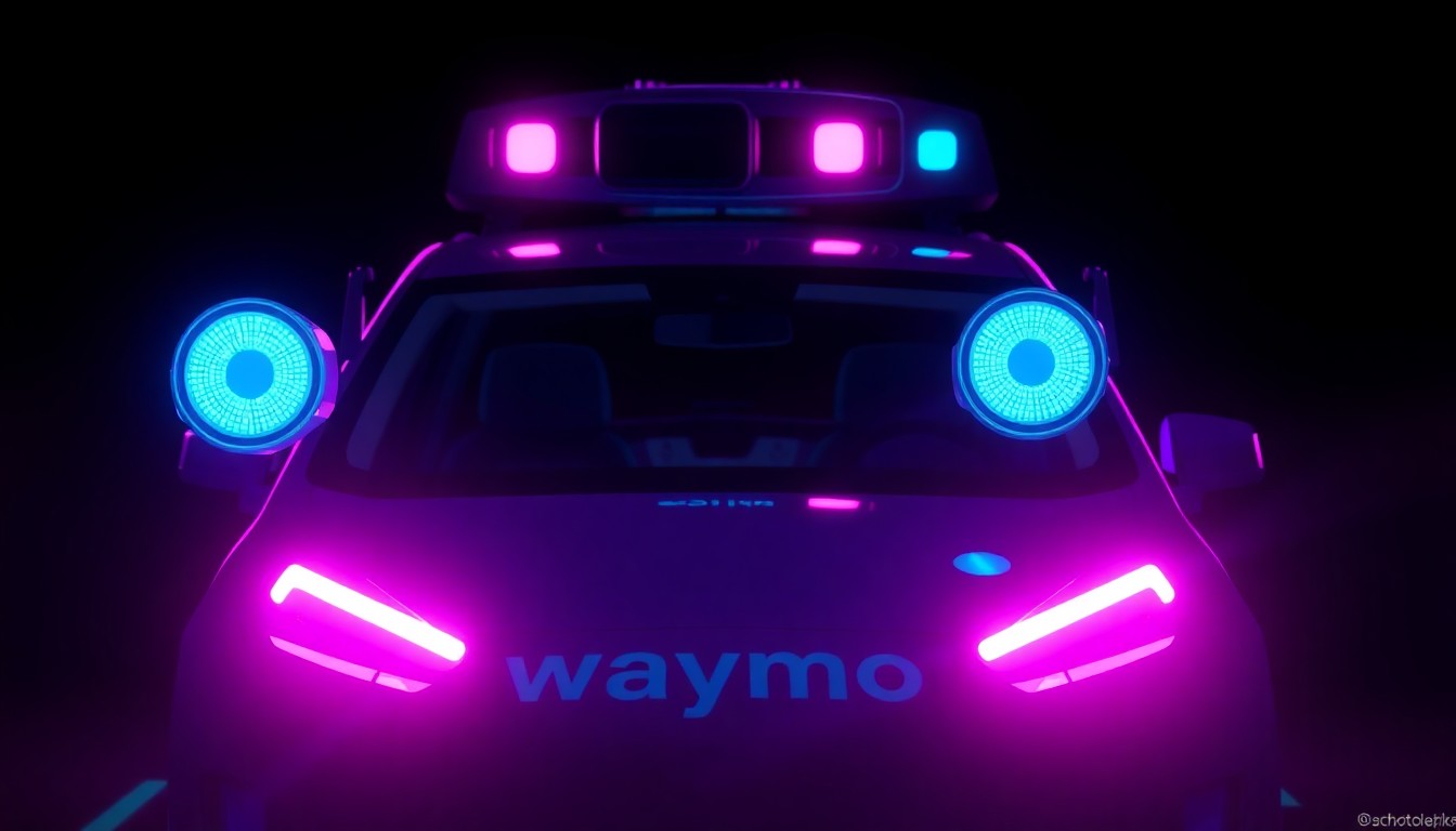 A highly detailed, glowing 3D illustration of the sensors and cameras on a self-driving Waymo vehicle, with the car itself obscured in the background, conveying the complex and potentially vulnerable nature of autonomous driving technology.