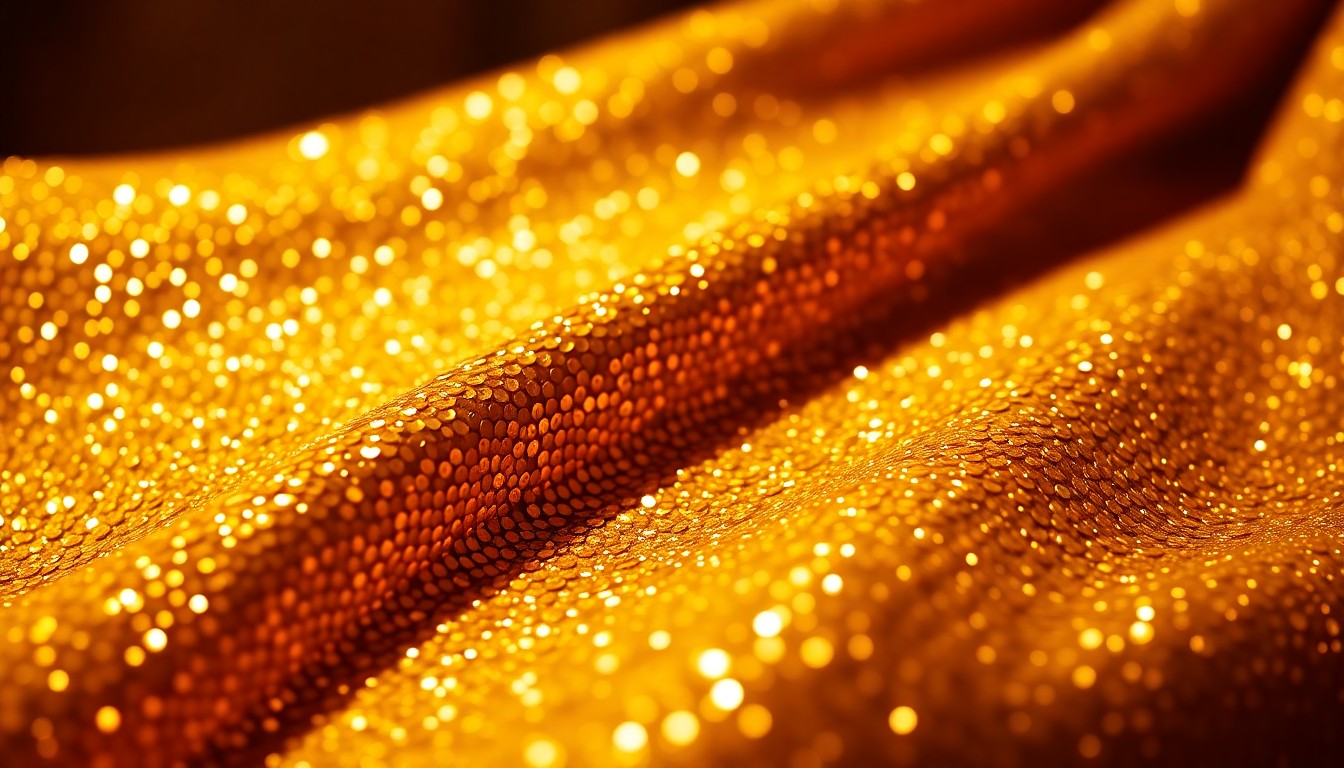 An extreme close-up photograph of shimmering gold sequins, capturing the glitz and glamour of a major awards show through dramatic studio lighting and high-contrast composition.