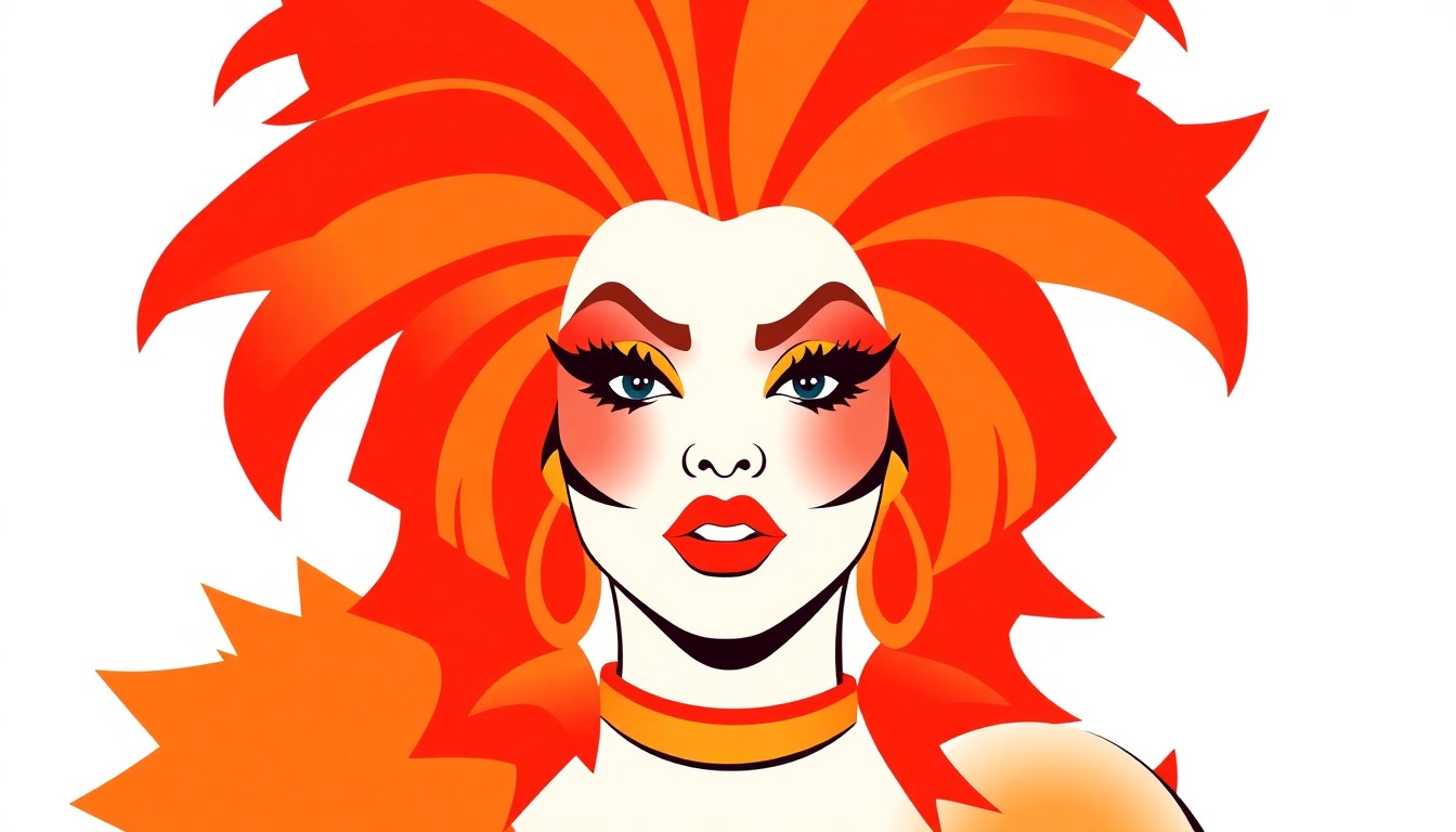 An abstract, minimalist illustration featuring bold, jagged shapes in vibrant shades of red, orange, and yellow, capturing the dynamic energy and performance style of a Latinx drag queen.