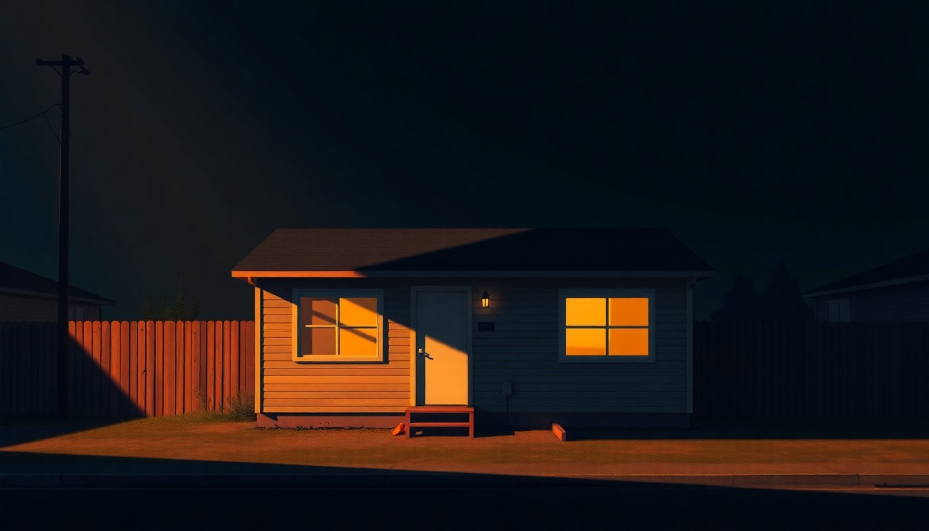 A warm, cinematic painting depicting a solitary short-term rental property, with soft lighting and deep shadows creating a nostalgic, contemplative mood.