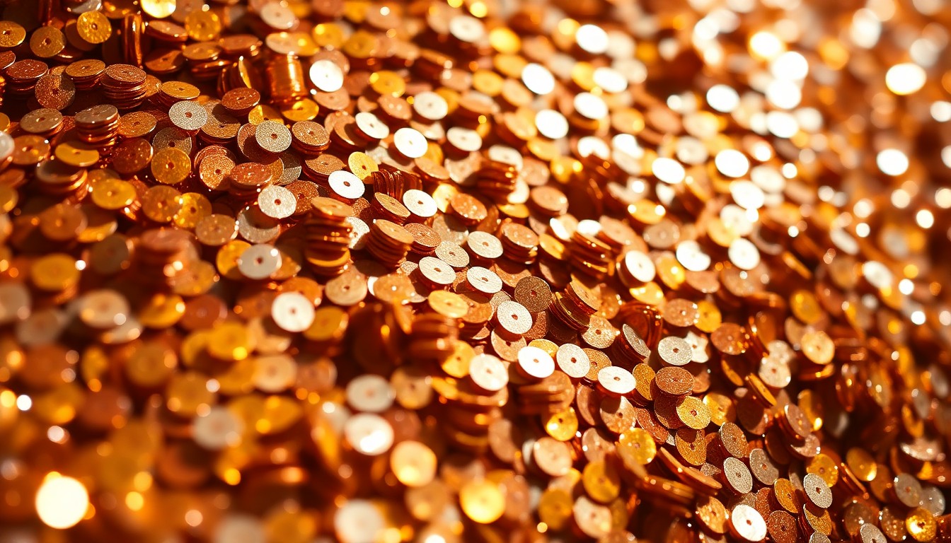 An abstract close-up photograph of shimmering, reflective sequins in metallic gold, silver, and bronze tones, capturing the glamour and energy of live entertainment.