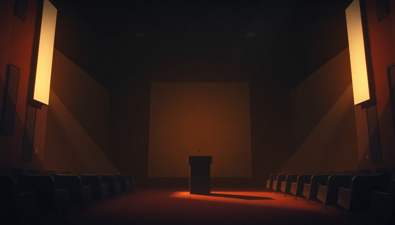 A softly lit, cinematic painting of an empty podium in a convention hall, with warm sunlight streaming in through the windows and deep shadows casting a contemplative mood.