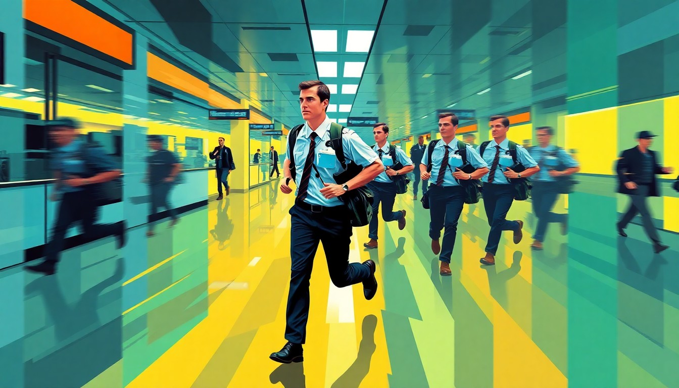 A dynamic, fragmented painting of a TSA agent rushing through an airport, their movements repeated in overlapping geometric shapes and vibrant colors, conveying a sense of urgency and disruption in airport security.