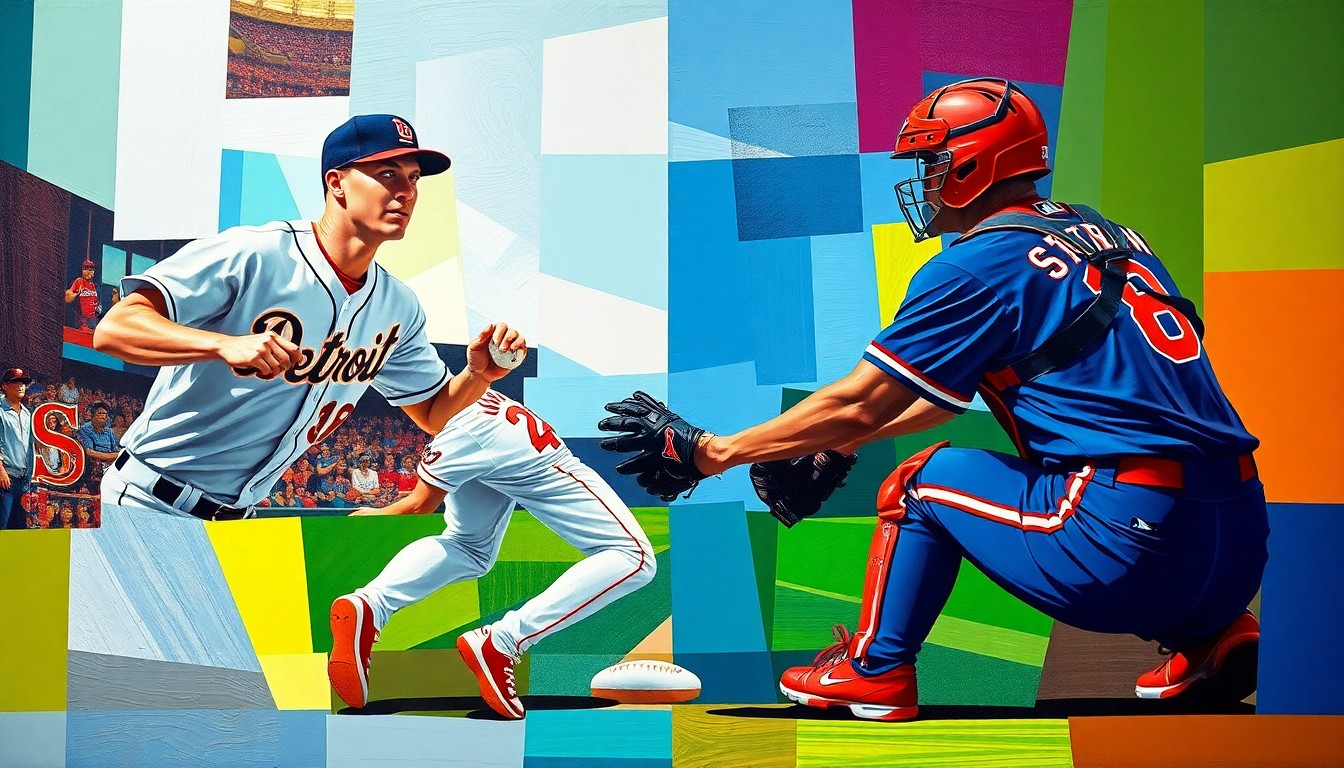 A fragmented, geometric painting depicting the motion of a baseball catcher throwing to first base, with the players' uniforms rendered in bold, overlapping shapes and colors.