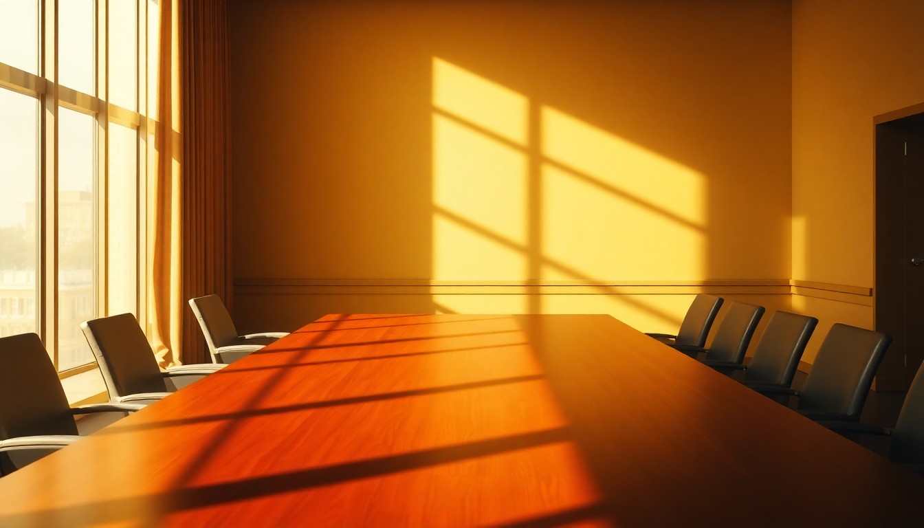 A dimly lit, cinematic painting of an empty boardroom table, with warm sunlight streaming in through a window and casting deep shadows across the surface, conceptually representing the political and financial complexities surrounding the Trump Accounts program.