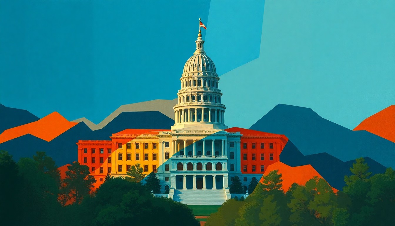 An abstract, fragmented painting featuring the Oklahoma state capitol building in a dynamic, overlapping composition of bold, geometric shapes and colors, conceptually representing the dynamic changes in the state's political landscape.
