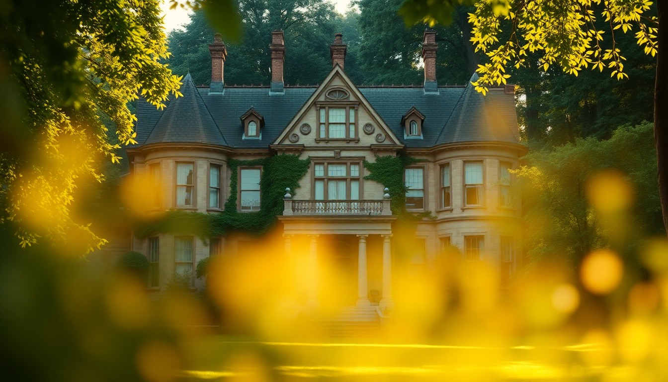 An impressionistic, out-of-focus photograph of a grand, historic mansion surrounded by trees and greenery, with warm, hazy pools of light and color creating a dreamlike, atmospheric scene.