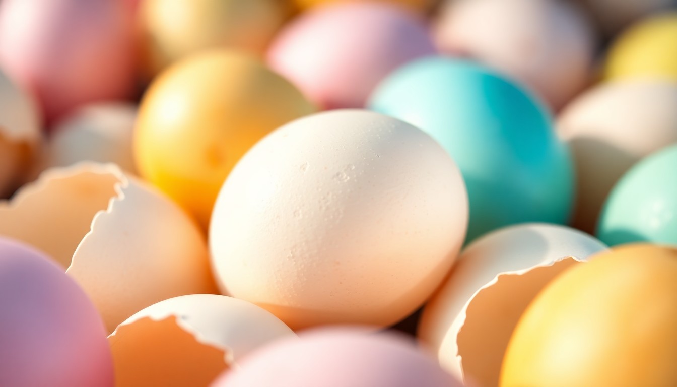An abstract, high-contrast close-up photograph of the soft, textured surface of colorful Easter egg shells, conveying a sense of warmth and celebration.