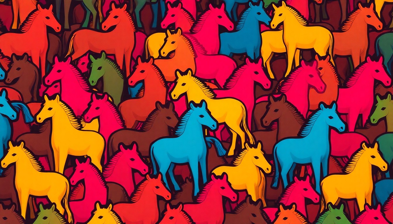 A boldly colored, abstract grid of stylized horse figurines in neon shades of pink, green, and blue, conceptually representing the community-driven effort to safeguard the area's equine population.