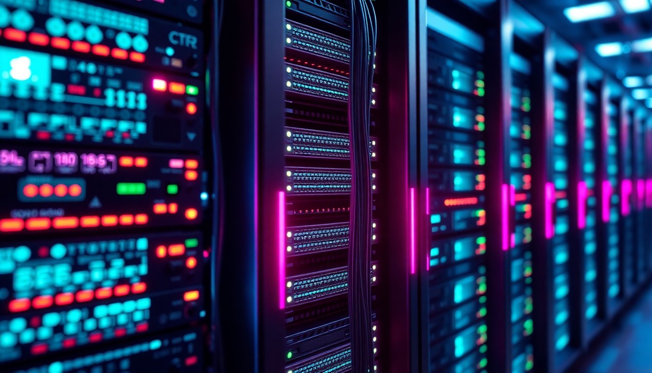 A highly detailed, glowing 3D macro illustration of a futuristic web server rack, with neon cyan and magenta lights illuminating the intricate hardware components, conceptually representing the complex digital infrastructure powering government websites and the efforts to make them more accessible.