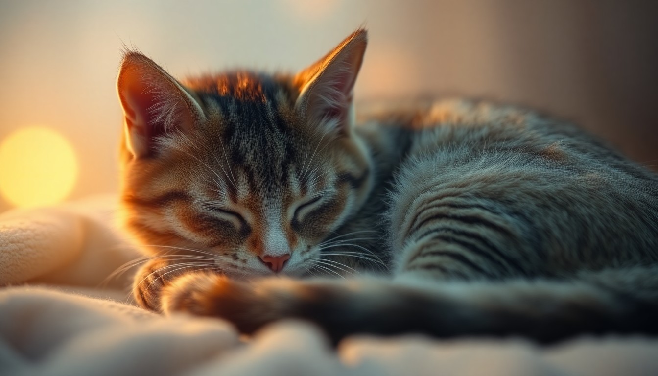 An extremely abstracted, out-of-focus photograph of a sleeping cat, composed entirely of soft, warm pools of color and light, conceptually representing the deep emotional connection between a pet owner and their beloved animal companion.
