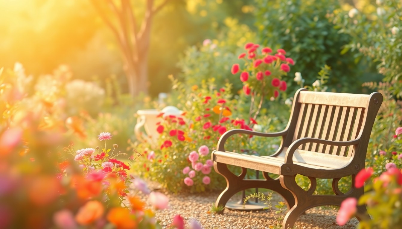 An out-of-focus, dreamlike photograph of a lush garden with colorful flowers and a wooden bench, capturing the serene and joyful essence of Mary Ann Hernandez's life.