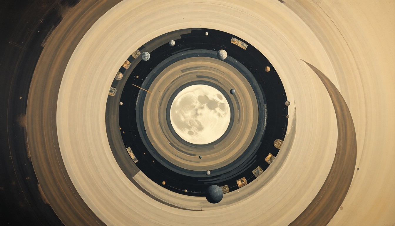 A highly textured, abstract painting in soft earth tones featuring sweeping geometric arcs, concentric circles, and precise botanical spirals, conceptually representing the Artemis II spacecraft's journey around the Moon.