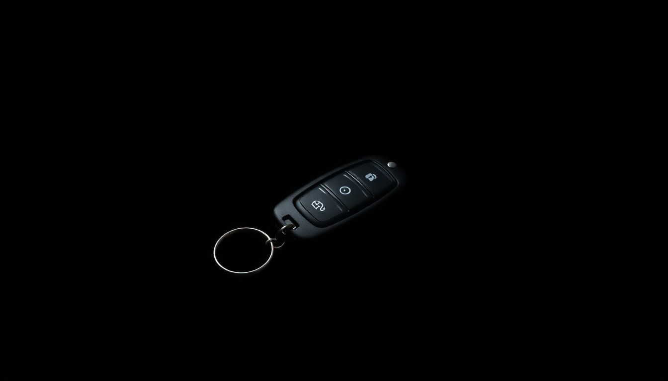 An extreme close-up of a car key fob against a black background, lit by a harsh, direct camera flash, conveying a stark, gritty investigative aesthetic about a missing person case.