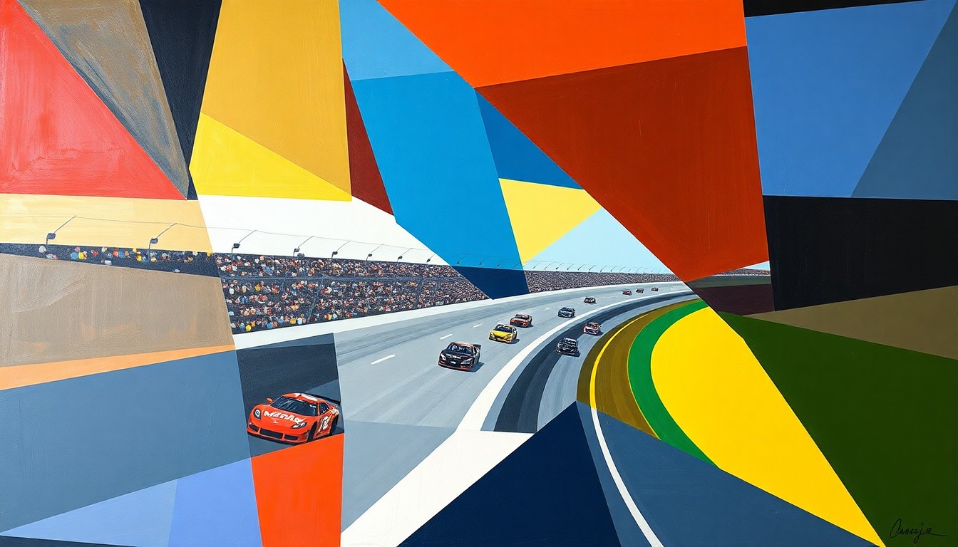 A cubist, geometric painting depicting a NASCAR race at Rockingham Speedway, with the cars and track broken down into sharp, overlapping planes of color and abstract shapes, capturing the energy and motion of the event.