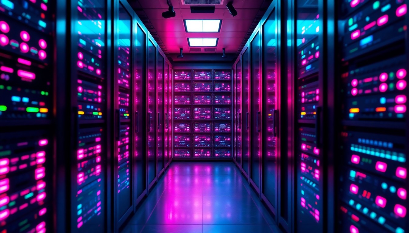 A highly detailed, glowing 3D illustration of a data center server rack, with intricate hardware components illuminated by neon cyan and magenta lights, conveying the power and resource demands of modern computing.
