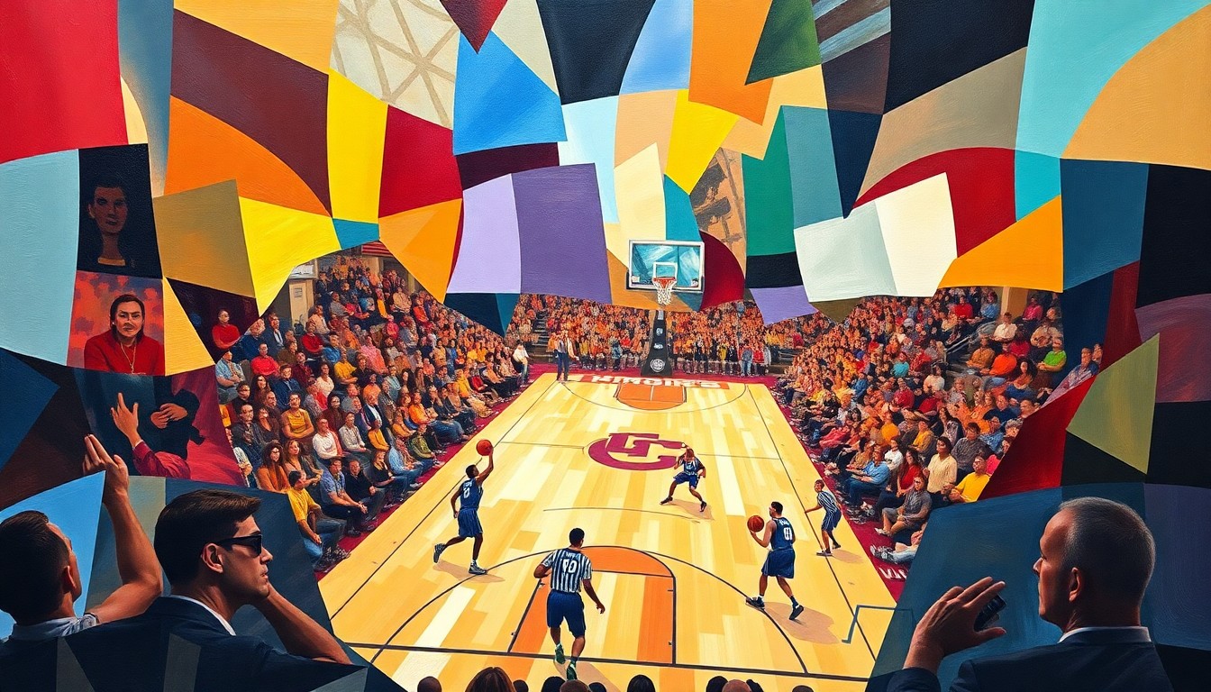 A cubist, geometric painting depicting a fragmented college basketball game, with players' forms abstracted into angular, overlapping shapes and the court and crowd dissolving into a vibrant, kaleidoscopic composition.