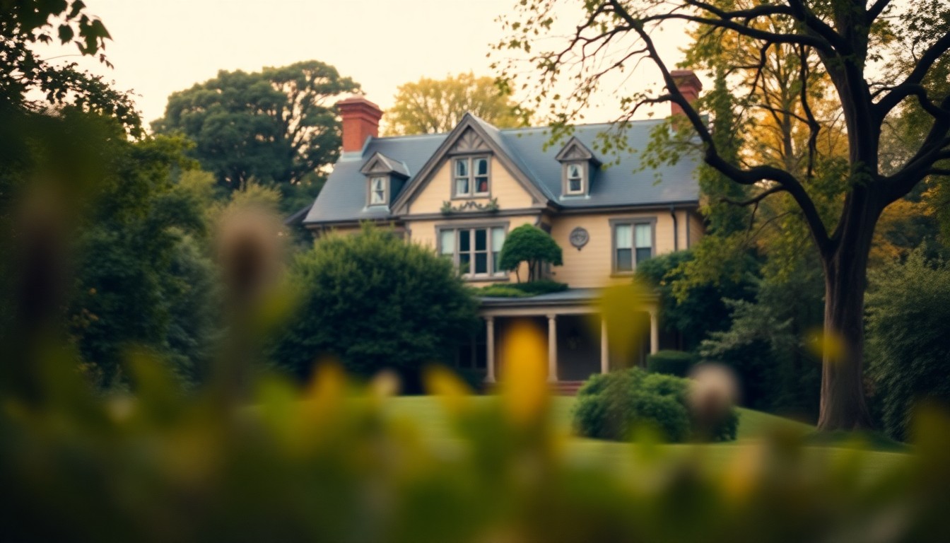 An impressionistic, blurred photograph showing the soft outline of a historic home nestled among trees and greenery, conveying a sense of nostalgia and community connection.