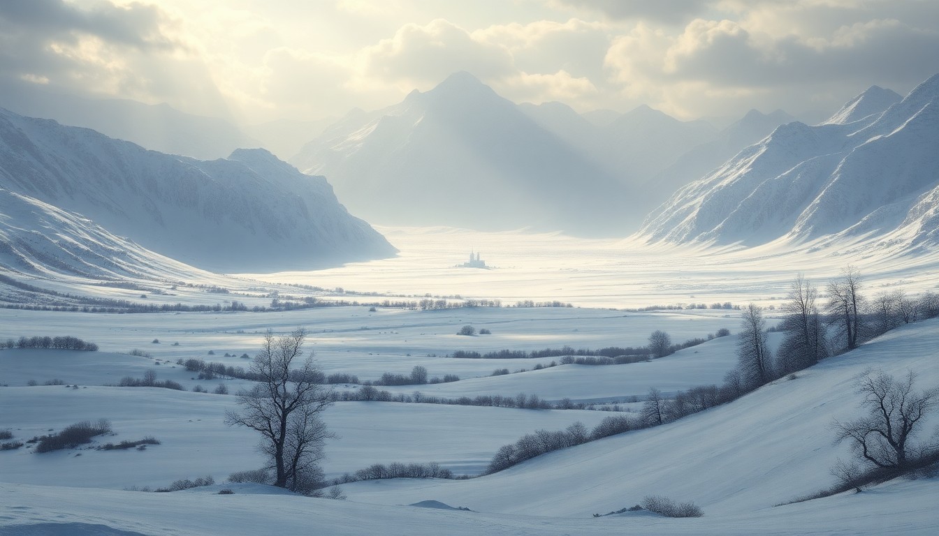 A sweeping, atmospheric landscape painting in muted tones of gray, white, and blue, depicting a vast, frozen mountain range under a dramatic, overcast sky. The scene conveys a sense of the overwhelming scale and power of the natural world, with the snow-covered peaks and valleys dwarfing any visible human presence or structures.