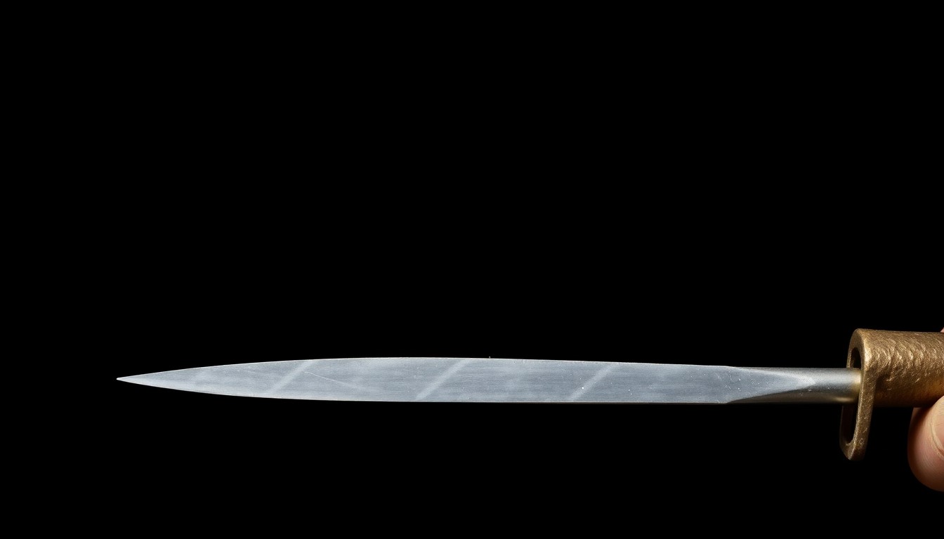 An extreme close-up photograph of a single metal gaff, a sharp blade used in cockfighting, lit by a harsh, direct camera flash against a pitch-black background, capturing the gritty, dangerous nature of this illegal activity.