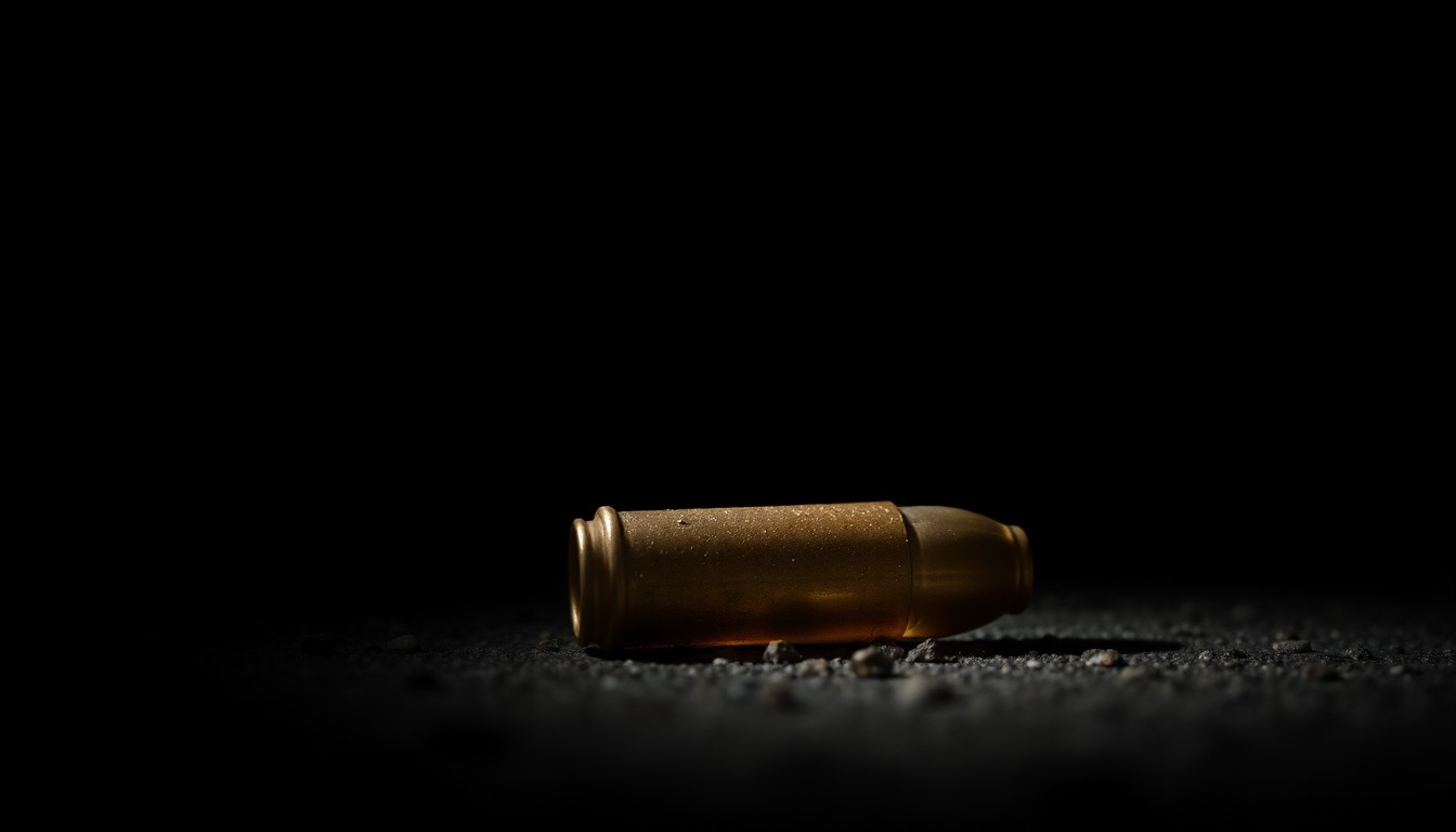 An extreme close-up photograph of a spent bullet casing on the ground, conveying the stark, gritty aftermath of a violent incident in a public park.