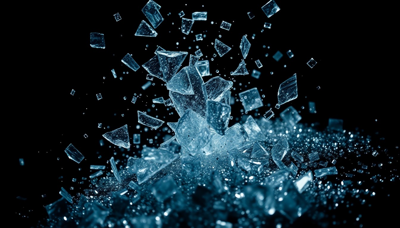 An extreme close-up of shattered glass and glittering sequins in dramatic high-contrast studio lighting, conceptually representing the dark glamour and supernatural horror of the Netflix series.