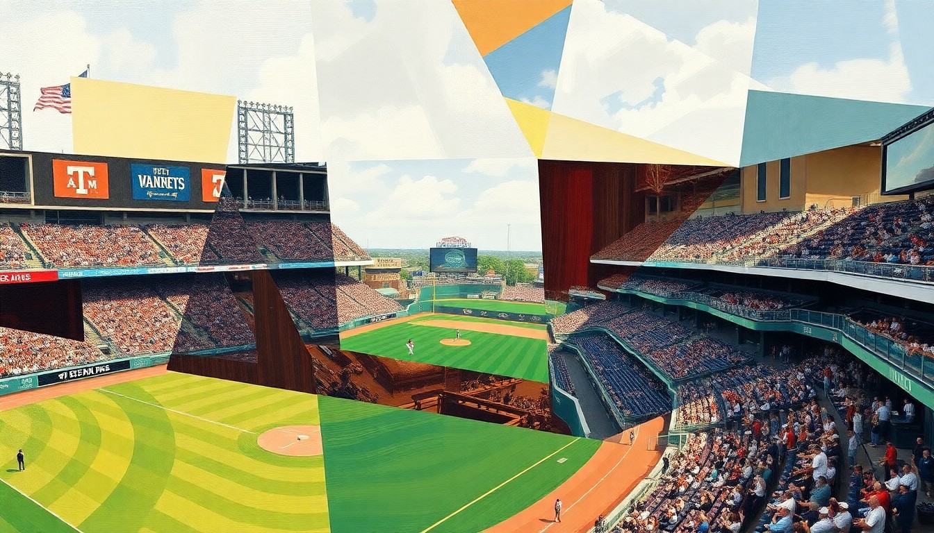 A cubist, geometric painting depicting a Texas A&M baseball game, with players and the field broken down into sharp, overlapping shapes and planes of color, capturing the dynamic energy and movement of the sport.