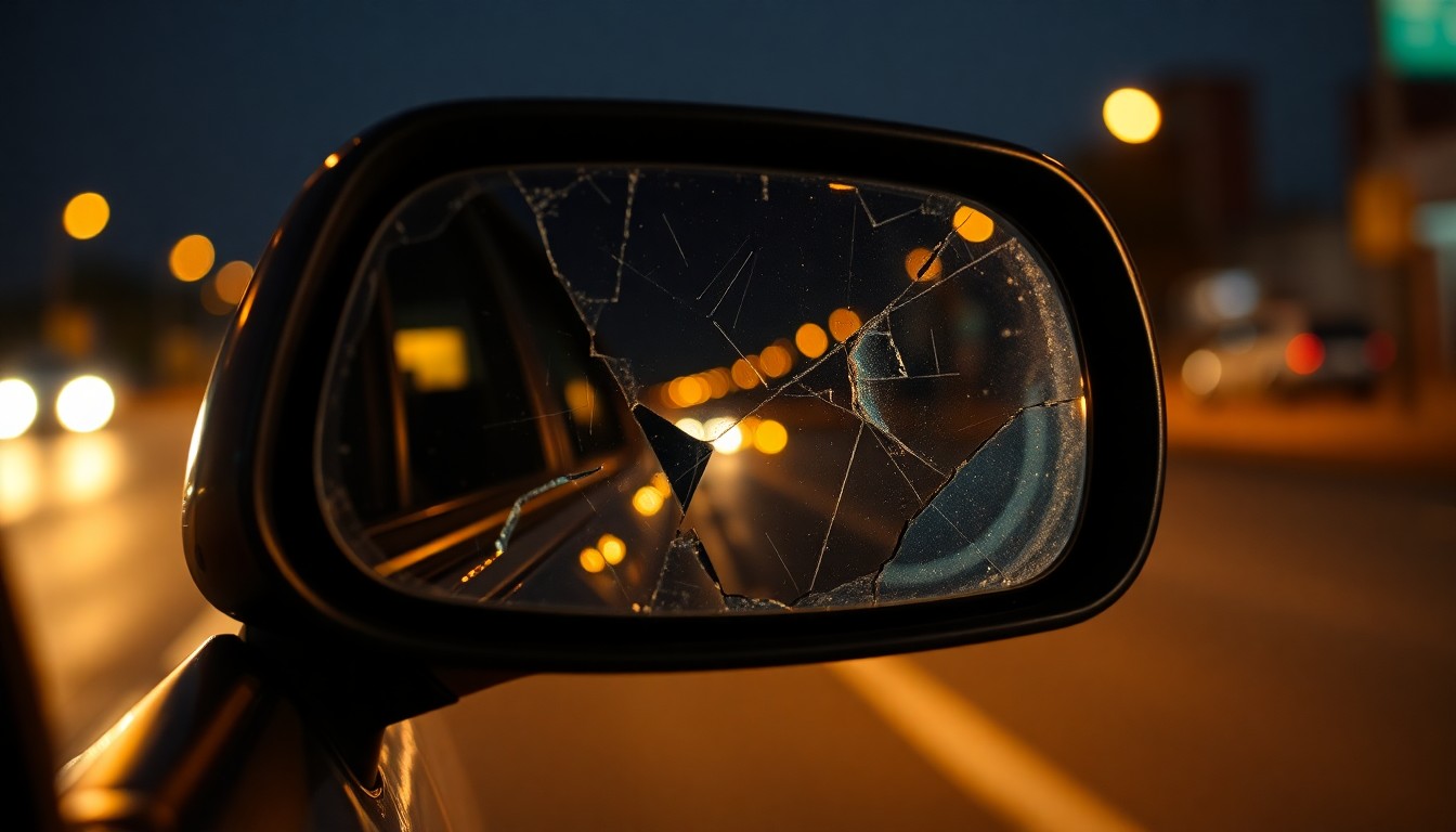 An extreme close-up photograph of a broken car side mirror reflecting the faint glow of streetlights, conceptually illustrating the aftermath of a fatal pedestrian collision.