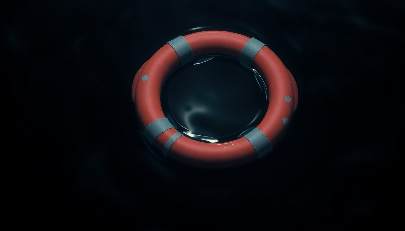An extreme close-up photograph of a life preserver ring floating in dark, murky water, lit by a harsh camera flash, conceptually representing the search efforts for a person who jumped into a river.