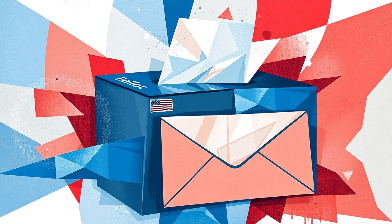 A vibrant, fragmented painting of a ballot box and envelope in overlapping geometric shapes and waves of blue, red, and grey, conveying the complex political tensions around mail-in voting.