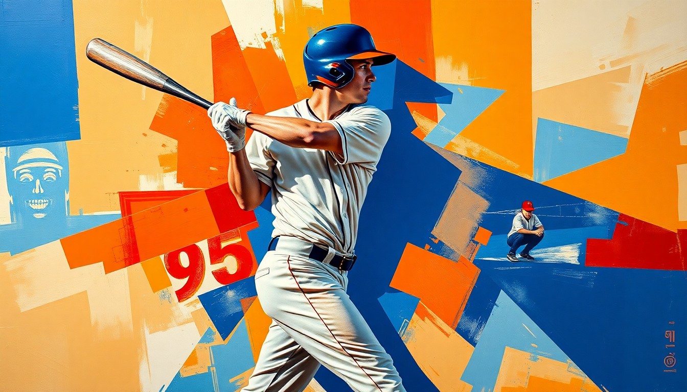 A cubist-style painting depicting a baseball player's batting motion broken down into sharp, overlapping geometric shapes in shades of orange, blue, and white, capturing the energy and movement of the game.