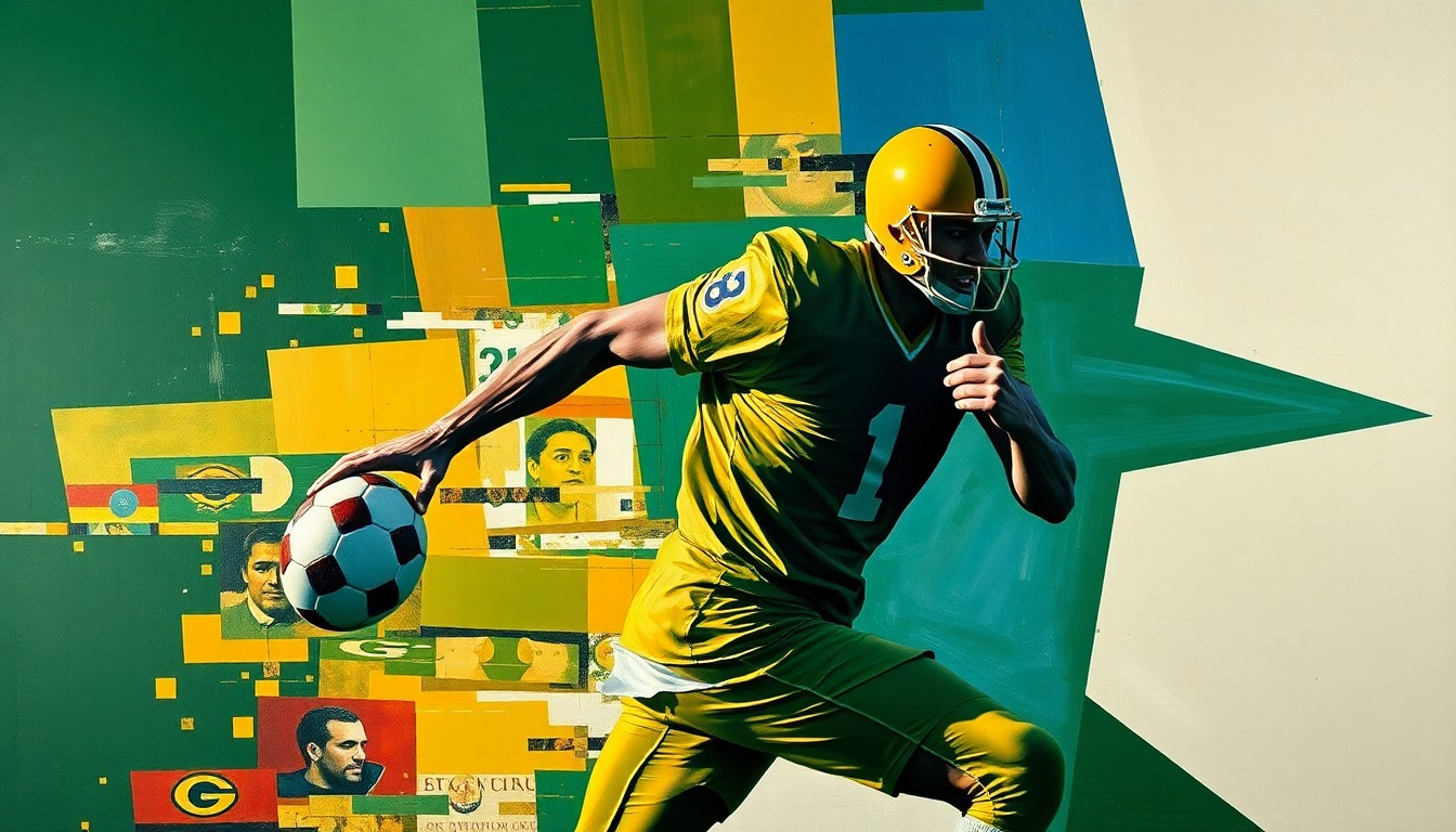 A fragmented, geometric painting depicting a football player in mid-motion, with sharp planes of deep green, gold, and blue hues, capturing the raw energy and dynamism of a top recruit's recruitment.