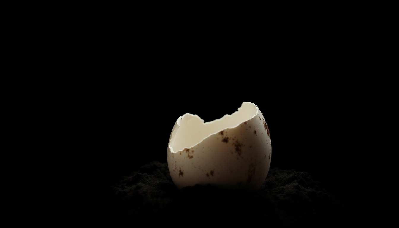 An extreme close-up photograph of a cracked, dirt-covered Easter egg against a stark black background, conceptually representing the grim discovery made by a family during their holiday celebration.