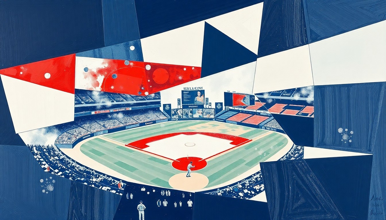 A fragmented, geometric painting depicting a baseball game, with sharp planes of white, navy blue, and red overlapping to create a dynamic, abstract composition.