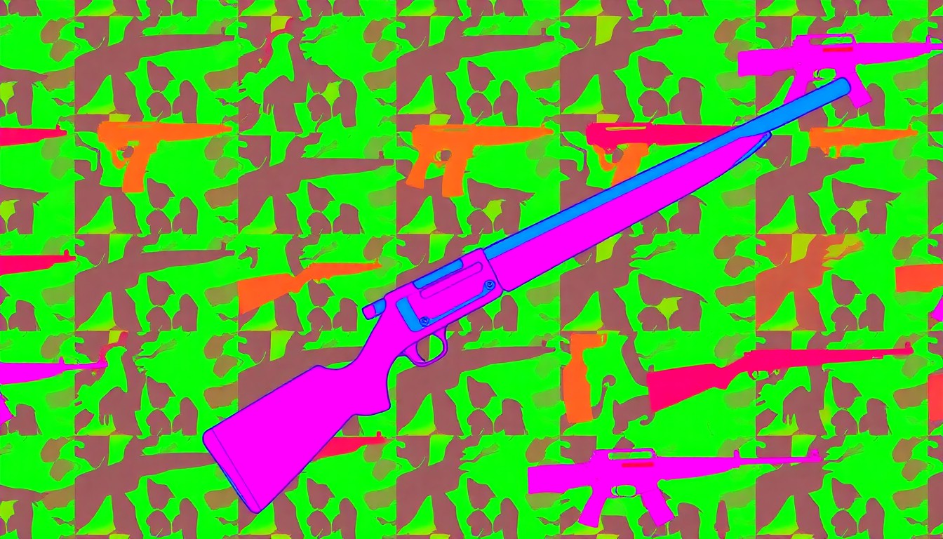 A brightly colored, high-contrast silkscreen print of a hunting rifle repeated in a tight grid pattern, utilizing flat, vibrant neon colors and heavy black outlines in the style of Andy Warhol's pop art.