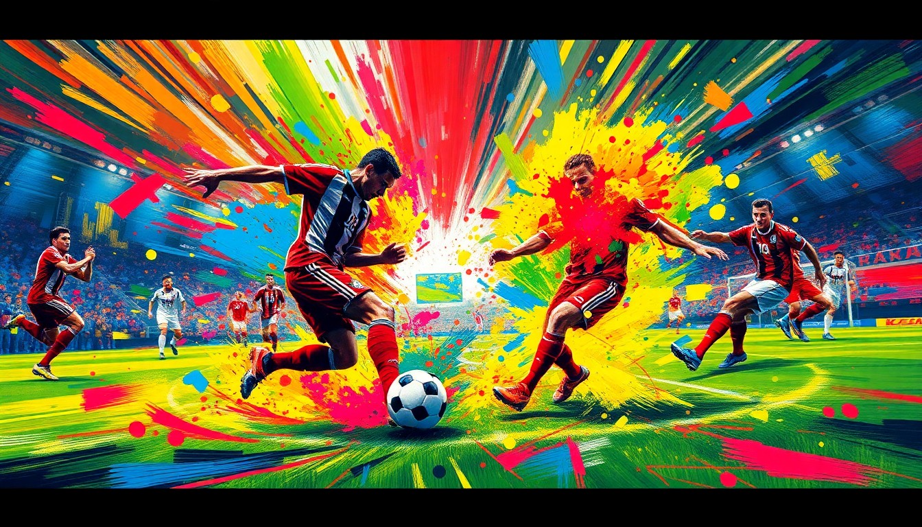An abstract expressionist painting in neon colors, with rapid brushstrokes depicting the dynamic motion of a penalty kick being taken, the ball and players' limbs blending into a vibrant, energetic composition.