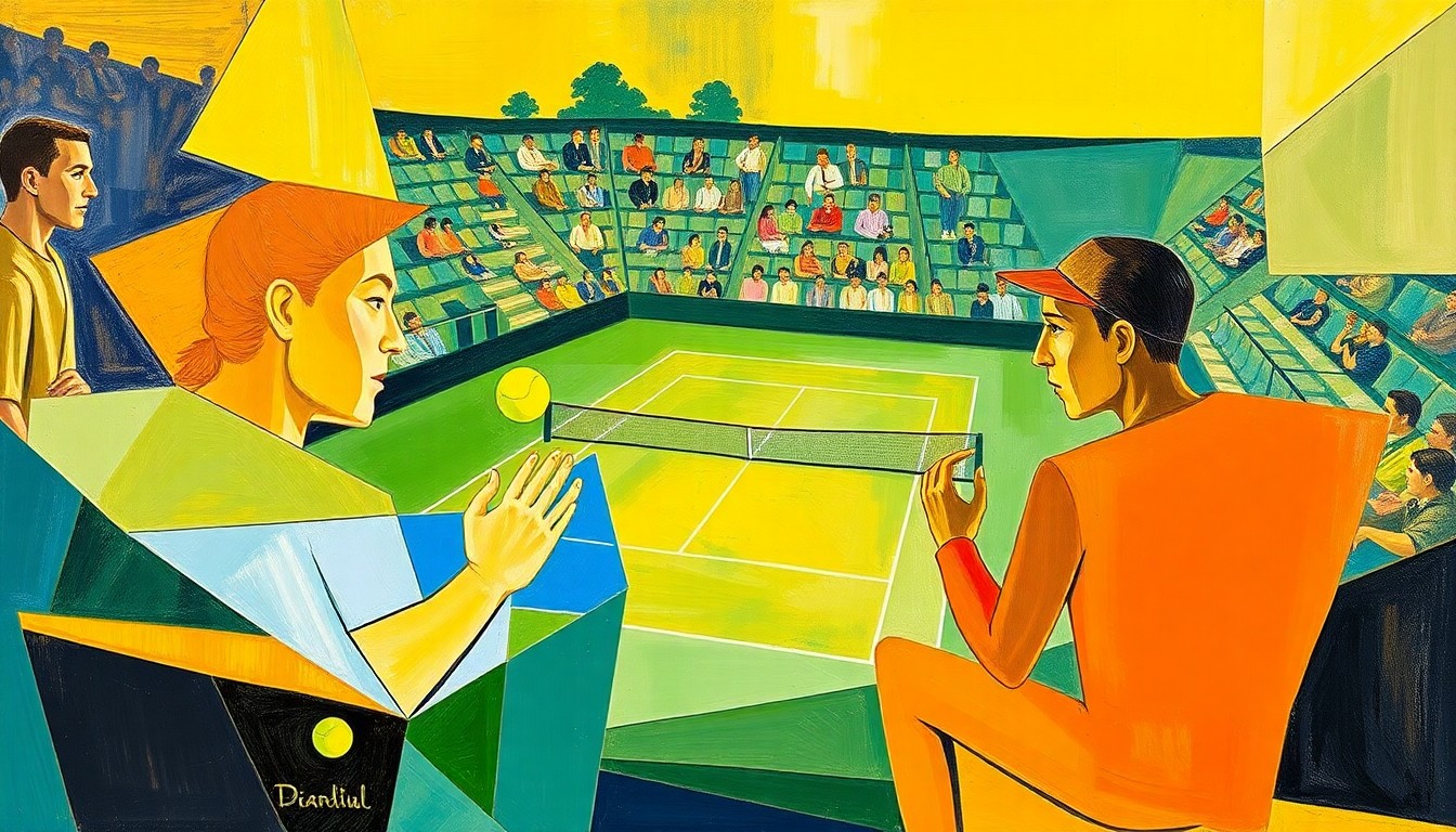 A fractured, multi-perspective painting depicting a tennis tournament scene, with players' forms abstracted into angular, intersecting shapes and the court and spectators deconstructed into a cubist composition using vibrant shades of yellow, green, and blue.